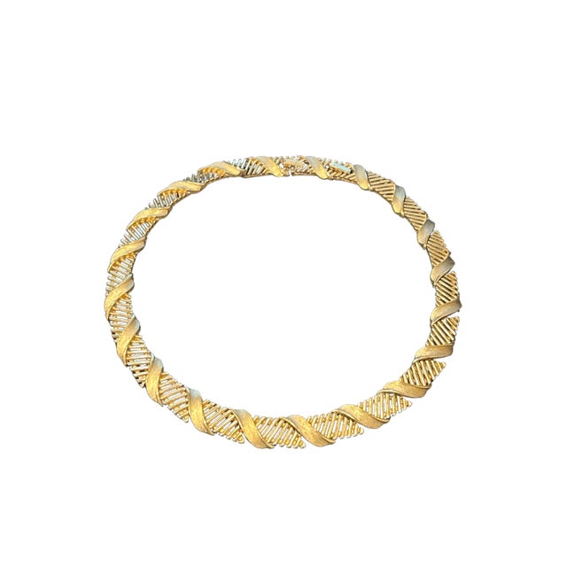 Crown Trifari Signed Gold Tone Ribbon Necklace – Vintage Jewelry by Iconic American Designer Elegant and timeless, these...