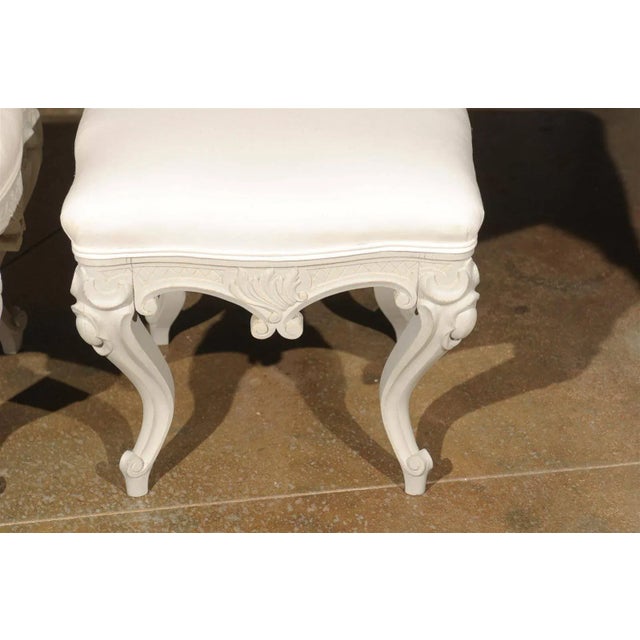 1890s Swedish Rococo Style Carved Painted Upholstered Stools - a Pair For Sale - Image 4 of 9