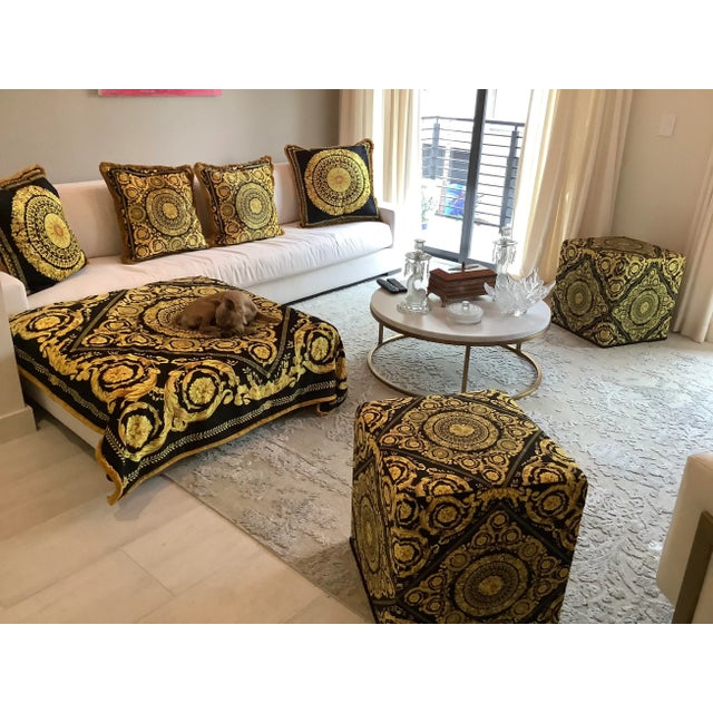 Versace 20th Century With Velvet Baroque Upholstery Black Gold Versace Ottomans - a Pair For Sale - Image 4 of 11