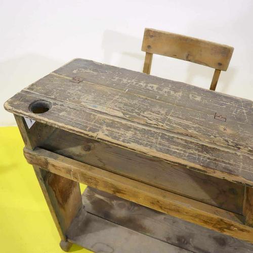 Double Wooden School Desk with Integrated Seats