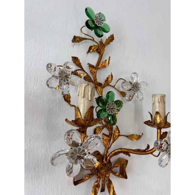 Glass Maison Baguès Style Green Prisms Crystal Flowers Tole Bow Sconces, C 1930 For Sale - Image 7 of 11
