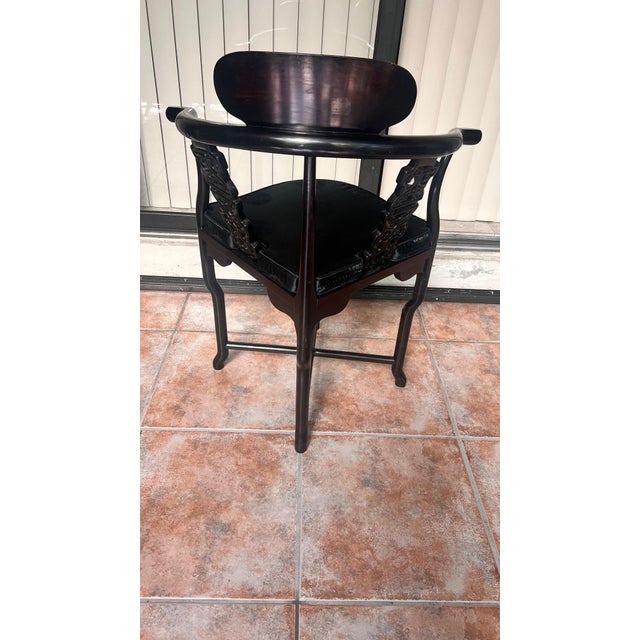 Elegant black lacquered corner chair with cushion. no maker's mark, but well built.