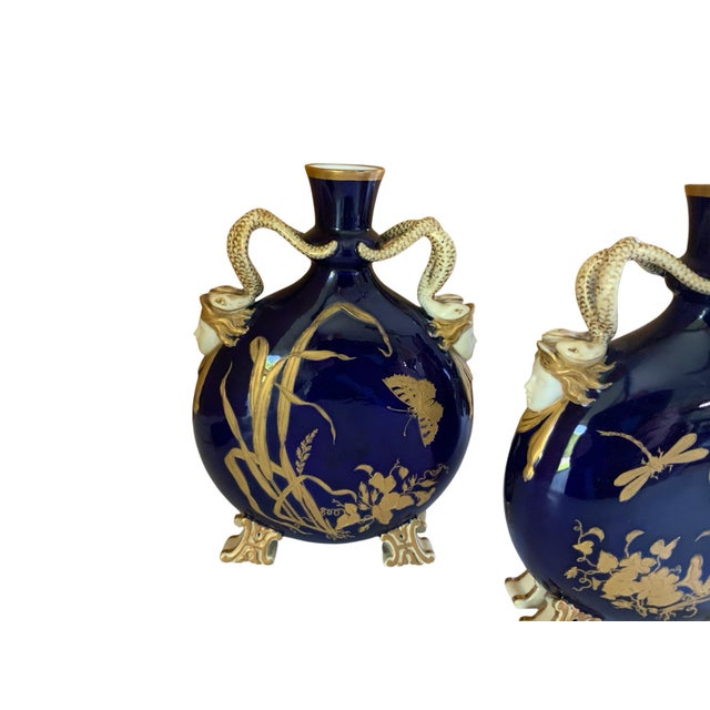 Late 19th Century Pair Antique Grainger Cobalt Blue Porcelain Moon Pilgrim Flasks Snake Handles C. 1880 Gilt Vases Made in England For Sale - Image 5 of 8