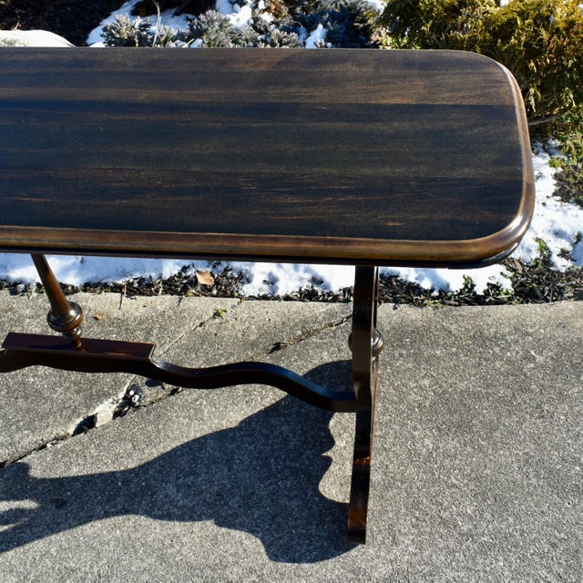 Wood Walnut Jacobean Style Console Sofa Table Vintage 1950s Trestle Base 60 For Sale - Image 7 of 13