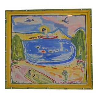 1990s Unique Folk Art Watercolor, Framed For Sale