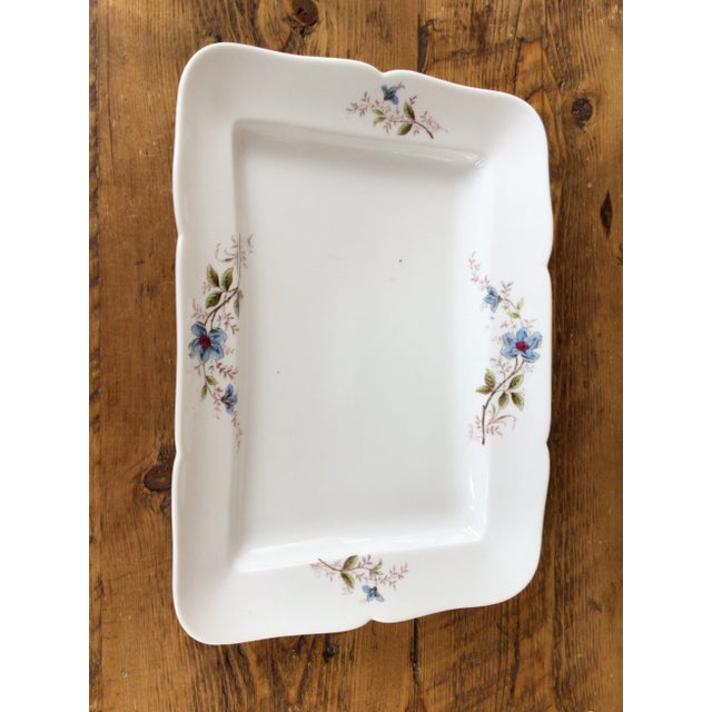 Vintage Ironstone Rectangular Platter With Delicate Blue Flowers and Scalloped Edges For Sale - Image 4 of 10