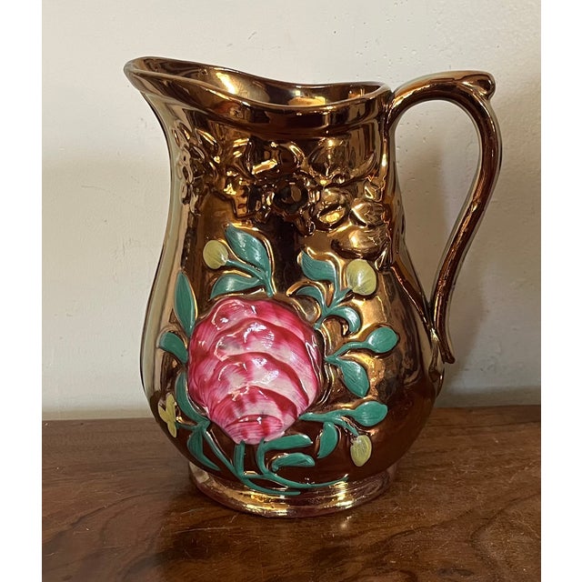 Antique 19th Century English Regency Staffordshire Copper Luster Pitcher With Relief Molded Pink Roses For Sale - Image 4 of 14