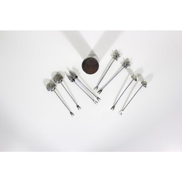 Vintage Silverplated Seashell Cocktail Picks Forks With Holder Set of 9 For Sale - Image 6 of 9