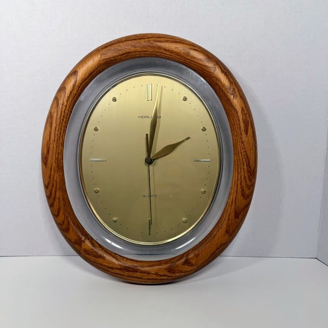 Gemstone 1970s Heirloom Quartz Oval Wall Clock Oak Wood Frame Gold Mid Century Modern MCM For Sale - Image 7 of 11