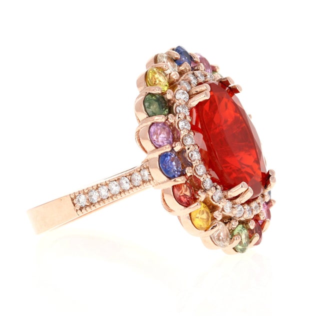 Contemporary 7.39 Carat Fire Opal Sapphire Diamond Rose Gold Cocktail Ring Size 7 For Sale - Image 3 of 7