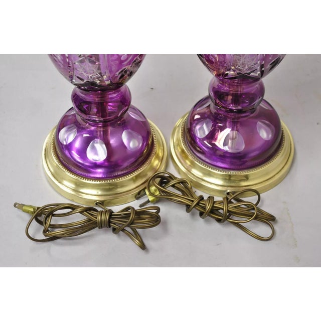 Antique Bohemian Czech Brass & Purple Cut Glass Grapevine Table Lamps - A Pair For Sale - Image 10 of 12