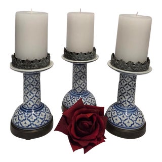 Vintage Thai Blue & White Porcelain Candlestick Holders - Set of 3 For Sale