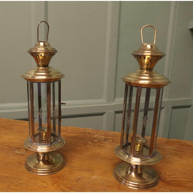 Vintage Etched Glass 6-Sided Candle Lanterns, 1970, Set of 2 For Sale - Image 6 of 9