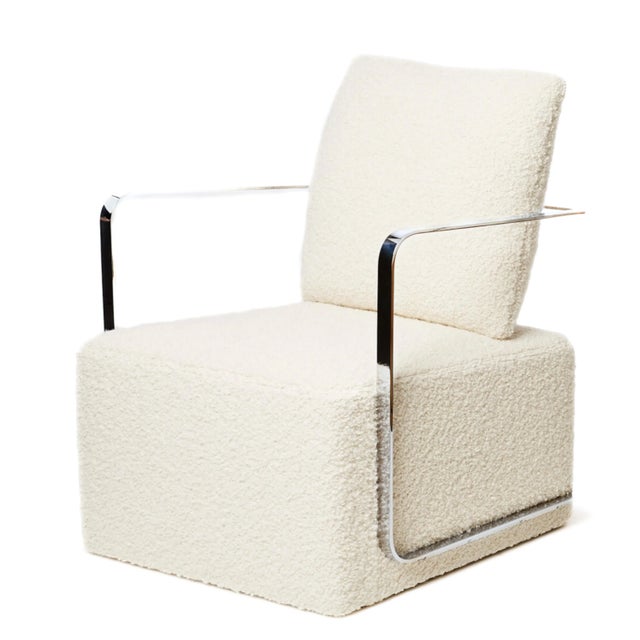 Silla Armchair by Lazzarini & Pickering for Marta Sala Editions, Polished Stainless Steel with cream wool bouclé Designed...