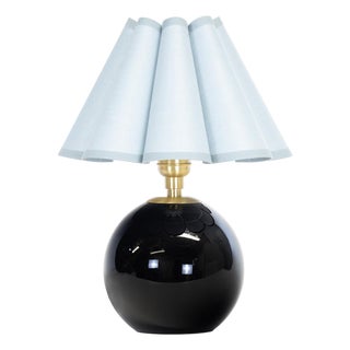 Giorgio Black Glass Mini Lamp, Natural Brass with Mist Blue Scalloped Shade For Sale