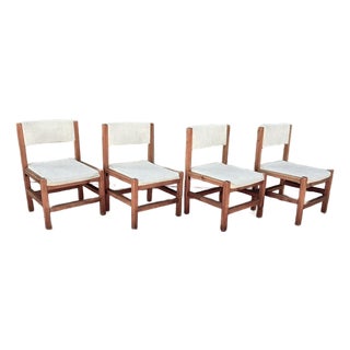 Mid Century Angular Scandinavian D Scan Style Wood Dining Chairs With Thick Linen Upholstery For Sale