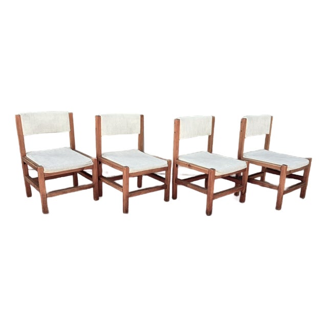 Mid Century Angular Scandinavian D Scan Style Wood Dining Chairs With Thick Linen Upholstery For Sale