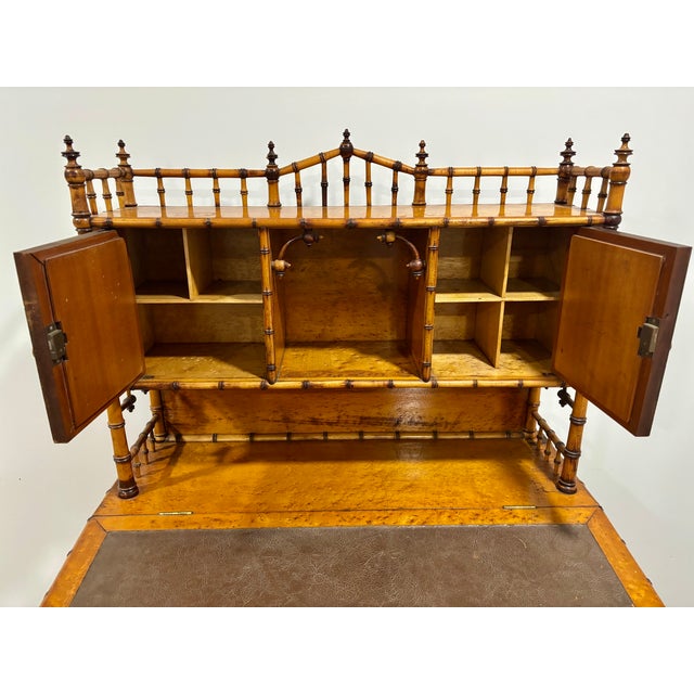R. J. Horner & Co. Late 20th Century Aesthetic Movement Faux Bamboo Bird's-Eye Maple Secretary Desk & Original Chair Attributed to r.j. Horner For Sale - Image 4 of 17