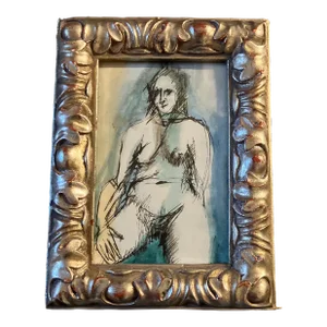 1970’s Original Small Female Nude Ink Dr /Watercolor Fancy Silver Tabletop Frame