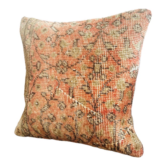 Vintage Turkish Isparta Rug Pillow Cover 16x16 – Rust Orange Wool Cushion Boho For Sale