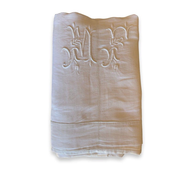 Antique French Oat Linen Sheet Monogrammed Rustic Luxe Hemp Linen Style Trousseau Bedding For Sale - Image 9 of 10