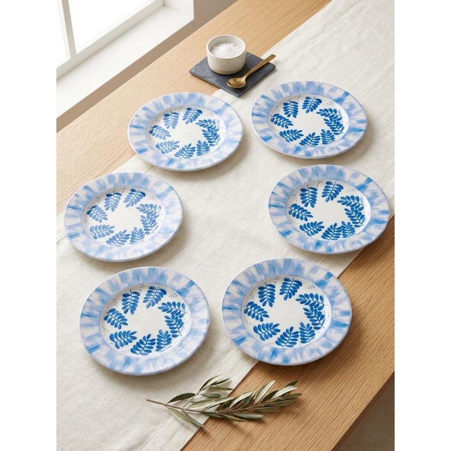 Hand-Painted French Porcelain Dinner Plates - Blue Botanical Motif - Set of 6 For Sale In West Palm - Image 6 of 7