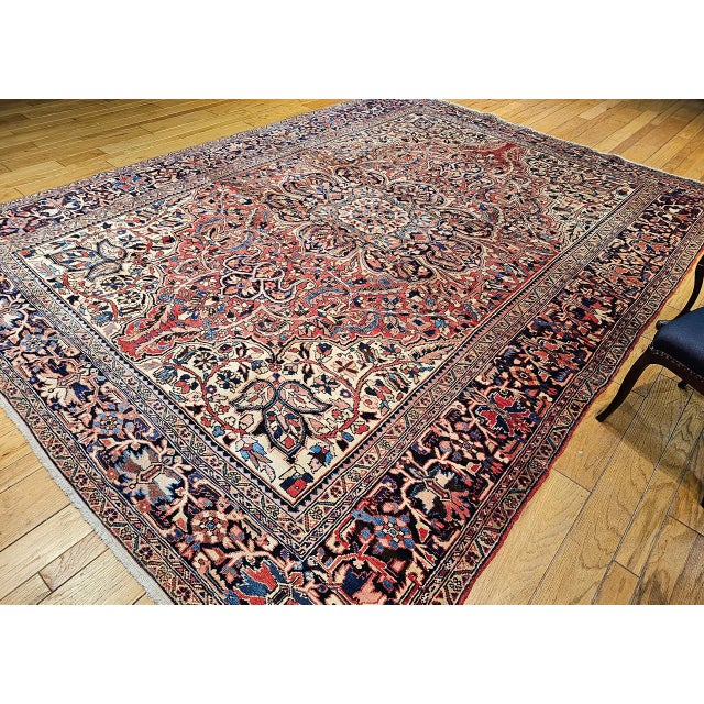 Vintage Heriz Rug, Hand-Knotted Wool, Geometric Medallion Pattern, Red & Ivory, 10x13 For Sale - Image 4 of 16