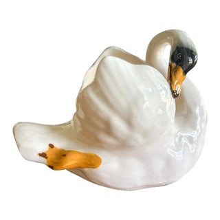 Signed Vallauris Swan Dish by Jérôme Massier Fils – French Majolica Ceramic Vanity Holder or Small Planter Circa 1930s For Sale