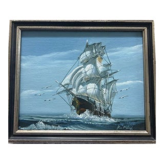 Vintage Maritime Oil Painting of Clipper Ship at Full Sail — Signed K. Maskell (K. Max) Nautical For Sale