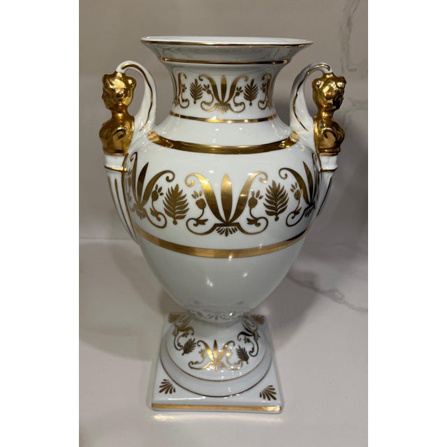 Vintage Neoclassical Campana Porcelain Gold & White Figural Urn For Sale - Image 4 of 11