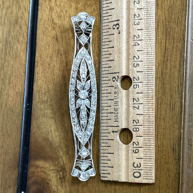 Silver Antique Art Deco 14k Two-Tone Gold Milgrain Filigree 2.75cts Diamond Bar Brooch For Sale - Image 8 of 10