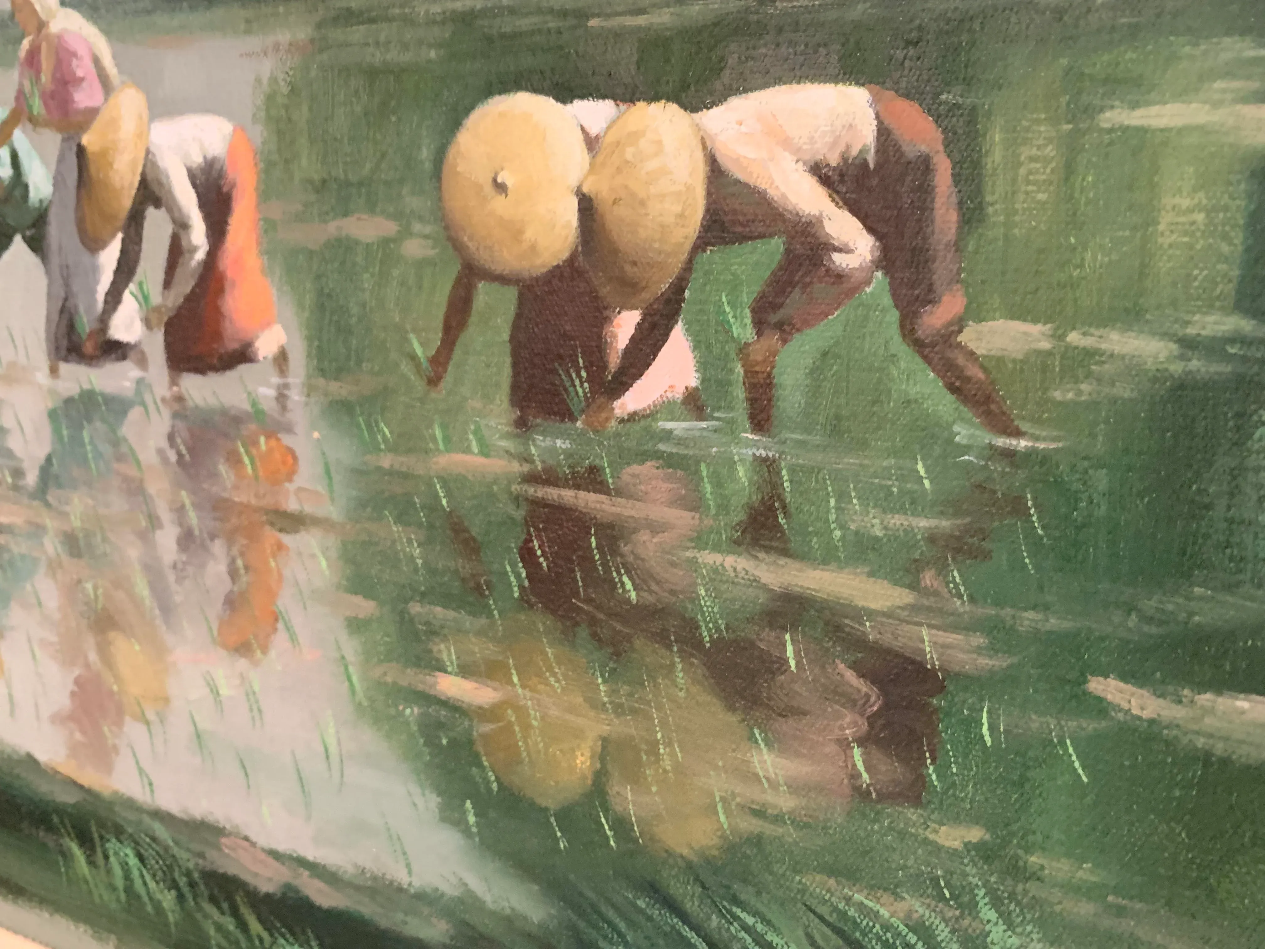 1960s Vintage Southeast Asian Workers Picking Rice Framed Painting