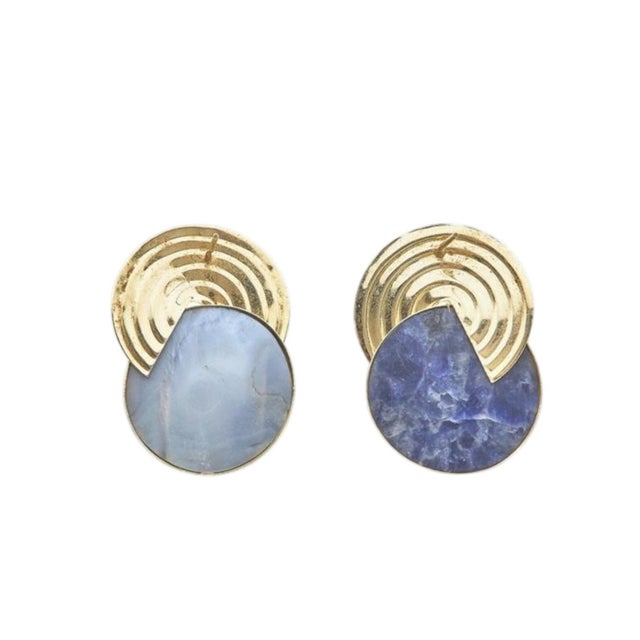 Modern 14k Yellow Gold Mother-of-Pearl, Black Onyx and Sodalite Vintage Stud Earrings, Pair For Sale - Image 3 of 7