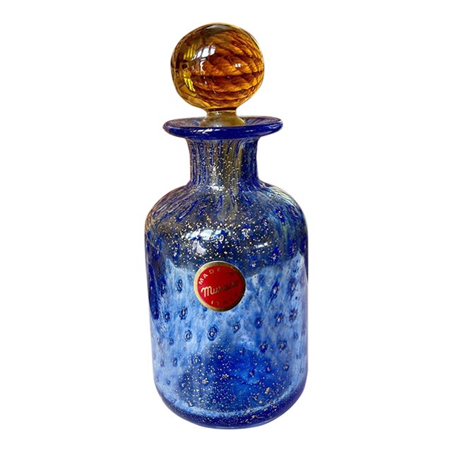 Vintage Blue Gold Speckled Murano Glass Decanter Bottle Italian Glass Art For Sale