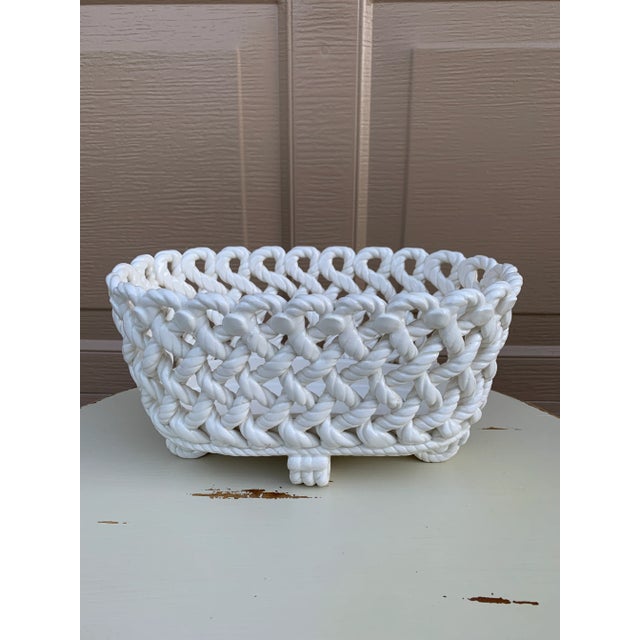 White 1960s French Country White Ceramic Woven Rope Cachepot Basket For Sale - Image 8 of 11