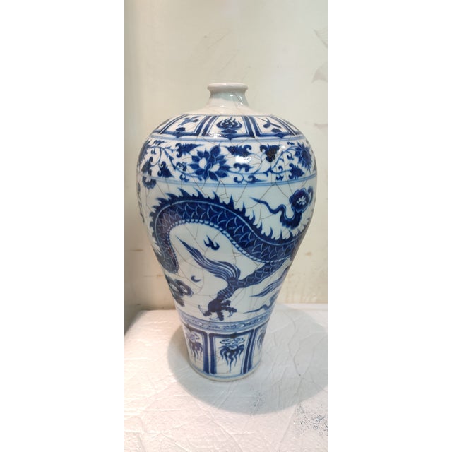 Ceramic Chinese Ceramic Vase Blue and White Porcelain Plum Vase Hand Painted Drragon Pattern For Sale - Image 7 of 11