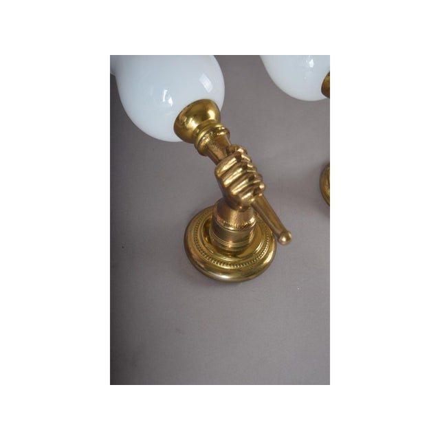 Gold Mid-Century Brass and Opaline Glass Wall Sconces in the style of André Arbus, France, 1950s, Set of 2 For Sale - Image 8 of 14