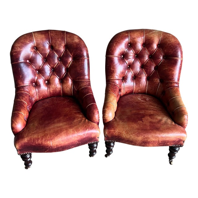 Vintage George Smith Petite Tufted Leather Chesterfield Chair, Made in England, a Pair For Sale