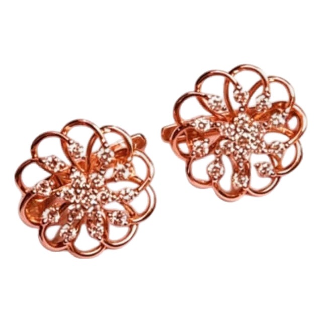 Mid 20th Century 14k Rose Gold Diamond Floral Leverback Earrings, Pair For Sale