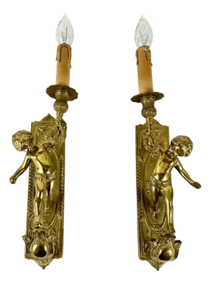 Antique Baroque Gilded Bronze Angel Sconces, France, 1920s, Set of 2