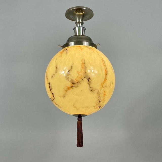 Art Deco Opaline Glass and Nickel Ball Flush Mount with Tassel, Germany, 1930s For Sale - Image 10 of 18