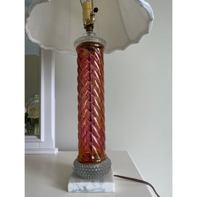 Vintage Pink Iridescent Spiral Column and Clear Hobnail Glass Table Lamp With Marble Base For Sale - Image 4 of 13
