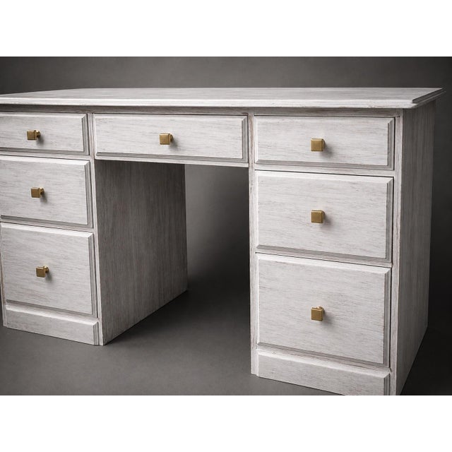 Late 20th Century Coastal Breeze Whitewashed Double Pedestal Desk With File Drawers – Solid Pine 57” W For Sale In Los Angeles - Image 6 of 9