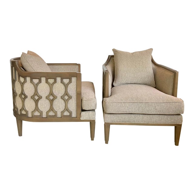 Caracole Couture Modern Geometric Taupe and Bronze Club Chairs Pair For Sale