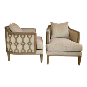Caracole Couture Modern Geometric Taupe and Bronze Club Chairs Pair