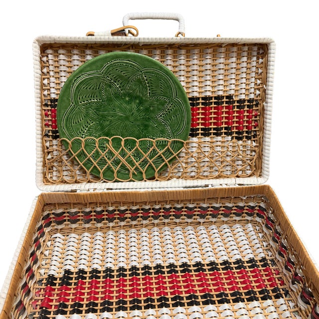 Brown Vintage Gucci Inspired Bamboo Wicker Picnic Basket Case With Red, Black and White Striped Weave For Sale - Image 8 of 9