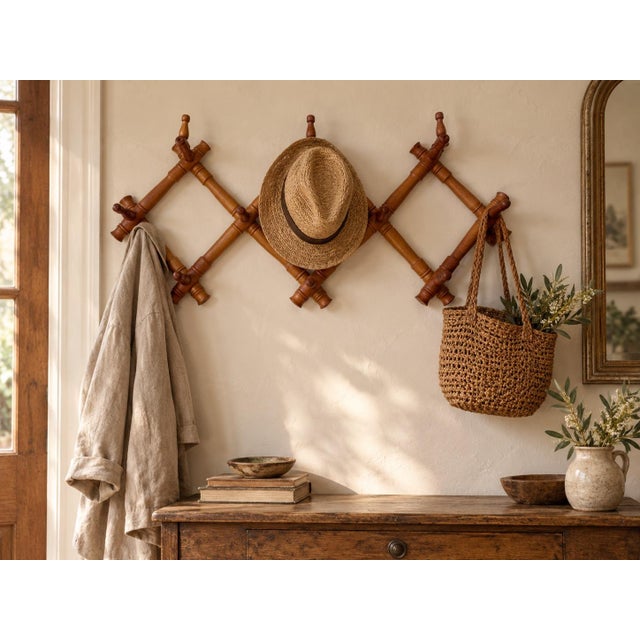 Rustic European Bulgarian Faux Bamboo Expandable Peg Rack, Mid 20th Century Accordion Coat and Hat Hooks For Sale - Image 3 of 4