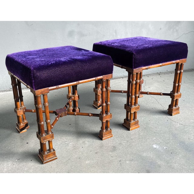 Late 19th Century Pair of English Aesthetic Movement Walnut X-Frame Stools With Turned Legs and Purple Velvet Upholstery, Late 19th Century For Sale - Image 5 of 7