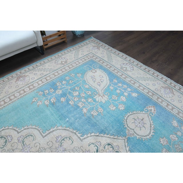 1960s 1960s Vintage Persian Handmade Wool Cotton Turquoise Area Rug For Sale - Image 5 of 11