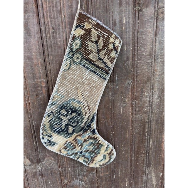Brown Vintage Turkish Hand-Knotted Wool Rug Christmas Stocking in Brown & Navy Medallion For Sale - Image 8 of 8